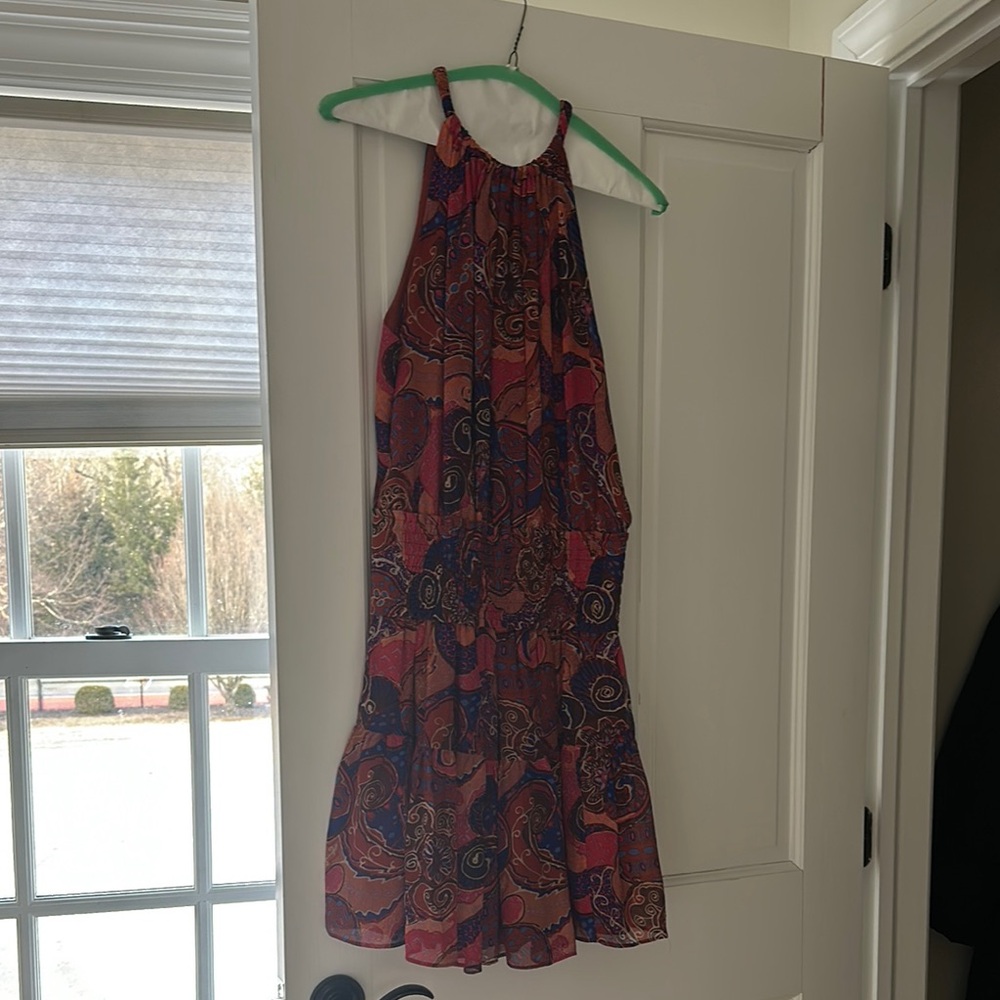 A.L.C. Red and Blue Knee-Length Sleeveless Sundress with Halter Neckline
